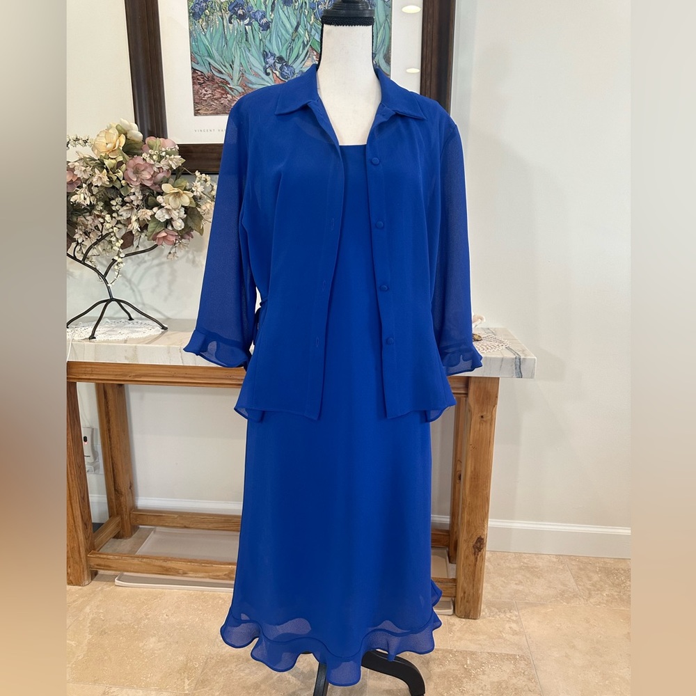 (Vintage) Studio 1 Blue Knee Length Two-Piece Sheath Dress with Jacket - Size 12